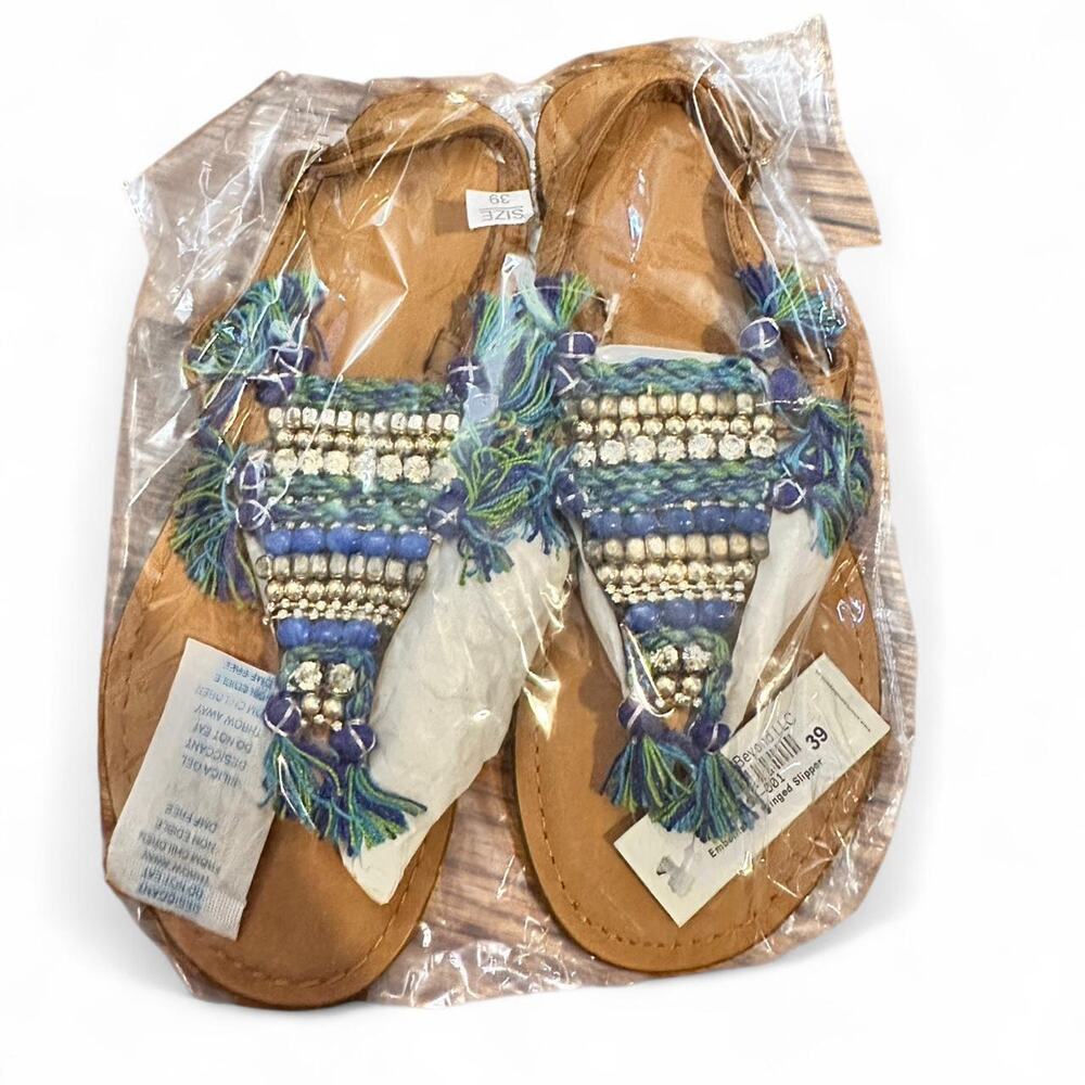 Blue and white beaded sandals